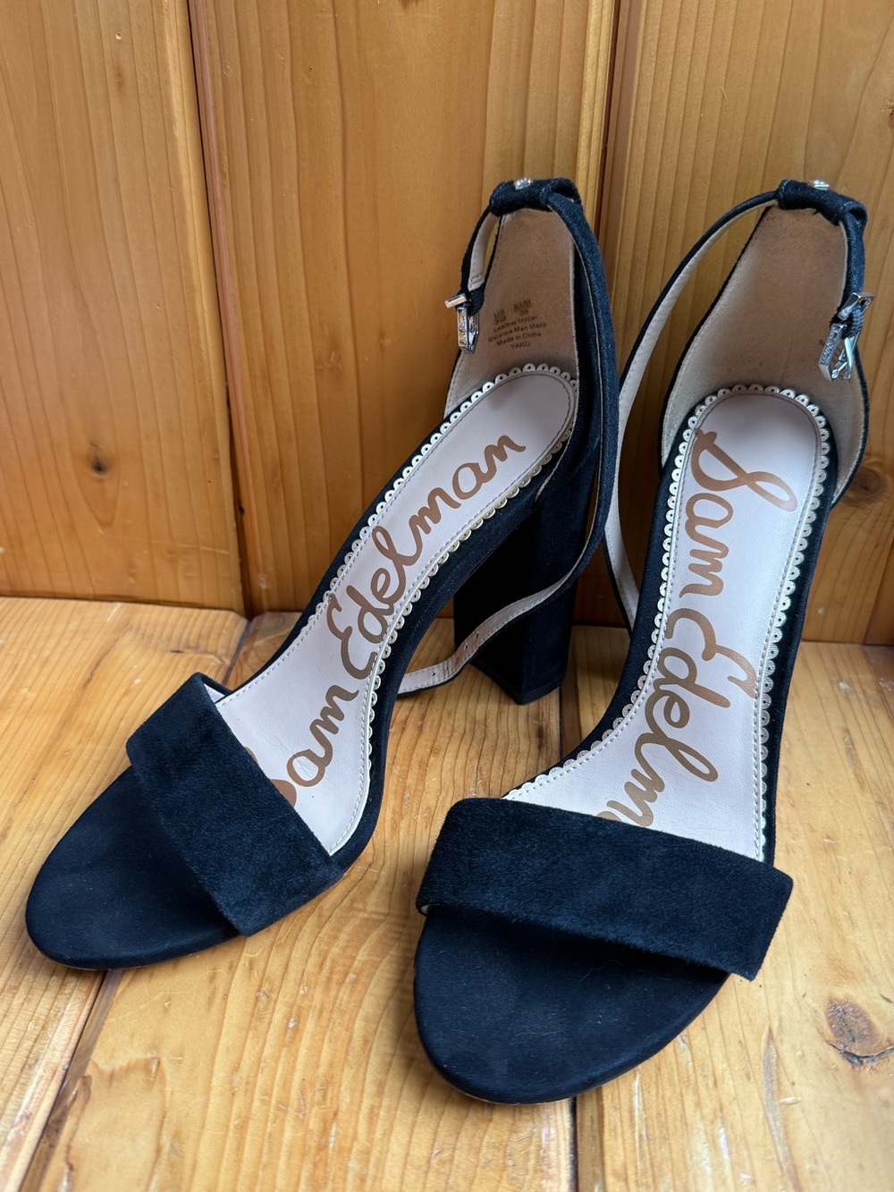 Size 8 Sam Edelman Yaro Black Suede High Heel Sandal Ankle Strap 4 in Block Heel